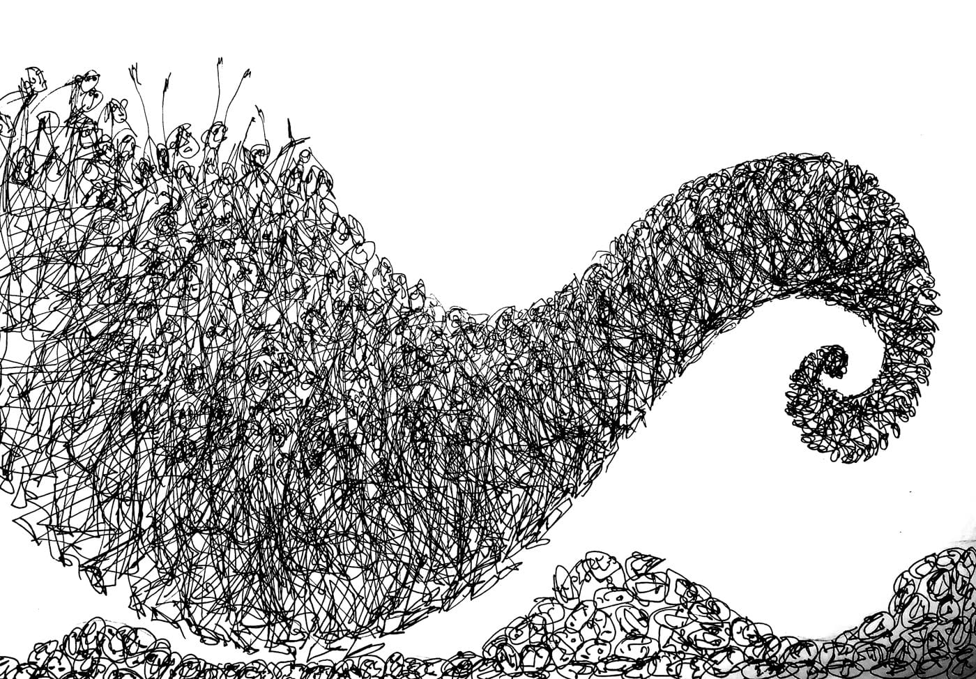 Val mare ondulat — spirală caligrafică deasupra unei mase de gânduri